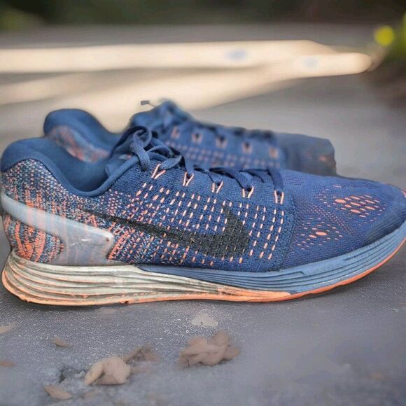 Nike Lunarglide 7 Flyknit Running Trainers Mens Size 8 Blue Lagoon Hyper Orange - Picture 4 of 8